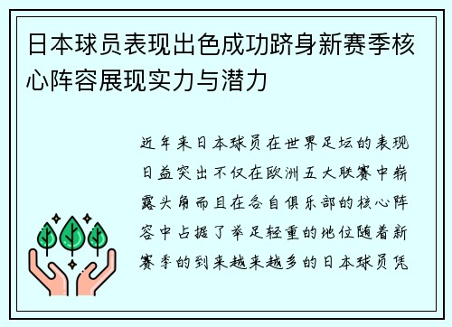 日本球员表现出色成功跻身新赛季核心阵容展现实力与潜力
