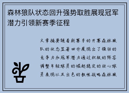森林狼队状态回升强势取胜展现冠军潜力引领新赛季征程